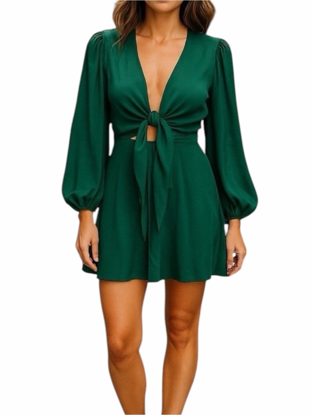 Saints + Secrets Deep Teal Satin Tie-Front Mini Dress Puff Sleeve S